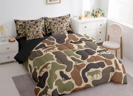 Erosebridal Camo Wolf Bed in A Bag 7 Pcs Camouflage Wild Animals Comforter Set for Kids Boys Girls Green Military Nature Wildlife Bedding Sets Full Army Woodland Hunting Sheet Set with Comforter