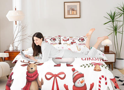 Erosebridal Kids Christmas Bedding Set Twin Size, Deer Cute Animal Duvet Cover for Children Boys Girls Bedroom Decor, Santa Claus Snowman Quilt Cover, Branches Winter Theme Comforter Cover, White