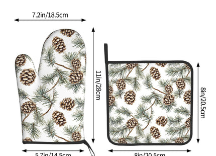 Winter Pine Cones Green Oven Mitts and Pot Holders Sets Heat Resistant Non Slip Christmas Branch Pinecone Kitchen Gloves Hot Pads Potholders 2 Pack Set Holiday Decor for Chef Cooking Bakers Kitchen
