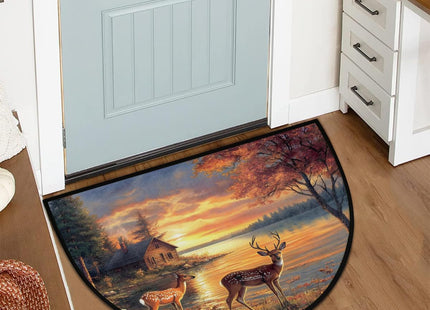 Fall Sunset Thanksgiving Deer Half Round Doormat Washable Semi Circle Rug Non Slip Half Moon Rug Floor Mat for Indoor Outdoor Bathroom Kitchen Fireplace Entryway Bath Holiday Decor