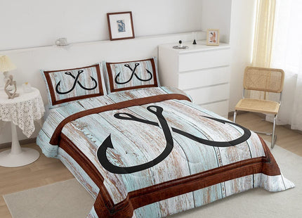 Lake House Fishing Theme Kids Comforter Set Queen Size,Fish Hook Anchor Nautical Bedding Set,Girls Boys Adults Room Decor,Teal Wooden Plank Rustic Down Comforter,Retro Duvet Insert,2 Pillowcases