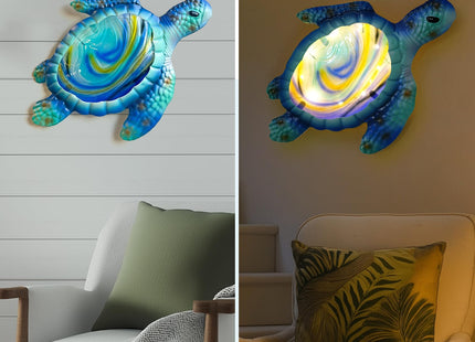 LIFFY Sea Turtle Decor Ocean Nautical Beach Wall Art Metal Glass Sea Turtle Bathroom Decor with LED Fairy Lights, 15" Indoor Outdoor Wall Art Sculpture for Patio,Pool,Beach,Garden,Yard,Home Gift