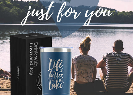 Onebttl Lake House Gifts, Lake Life Gifts for Women/Men, 20oz Insulated Tumbler, Perfect for Boat Owner/Lake Lovers - Life is Better at the Lake (Blue)