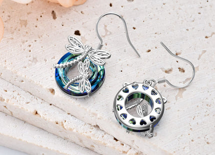 TOUPOP Dragonfly Sterling Silver Earrings with Blue Circle Crystal Dragonfly Dangle Drop Earrings - Women's Mom Birthday Gifts