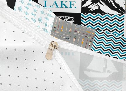 Lake House Duvet Cover Full Size,Retro Sailboat Fishing Comforter Cover Geometric Plaid Ripple Patchwork Bedding Set Rustic Farmhouse Bedspread Cover For Kids Boys Teens,Blue Black White,Corner Ties