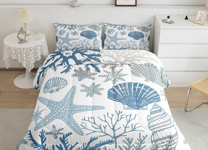 Erosebridal Nautical Coastal Bed in a Bag Queen Comforter Set 7 Piece,Blue Ocean Beach Bedding Set Seashell Starfish Sheet Sets with Comforter Conch Shell Coral Bed Set,Plain White Blue Room Decor