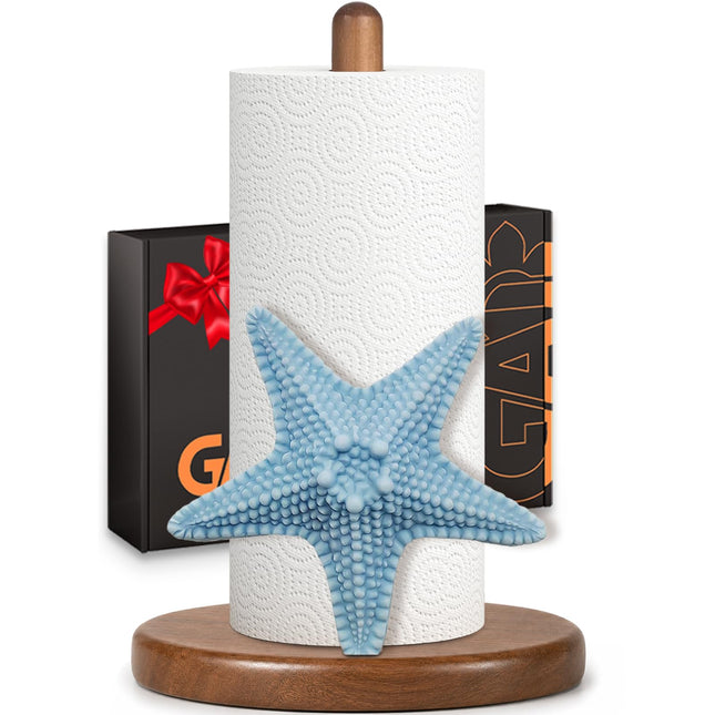 Starfish Paper Towel Holder, Coastal Beach Ocean Decor for Kitchen Bathroom Countertop, Freestanding Wooden Stand, Standard & Jumbo Rolls, Gift for Women