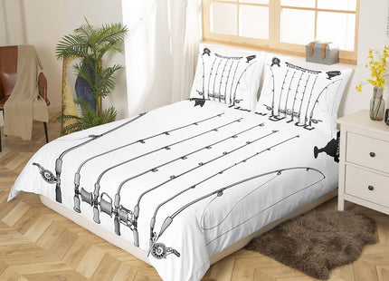 Erosebridal Fishhook Duvet Cover Set Full Size Fishing Bedding Set Fish Hook Equipment Pattern Comforter Set,Boys Modern Quilt Cover for Girls Teen Adult Luxury Microfiber Bed Decorative White Gray
