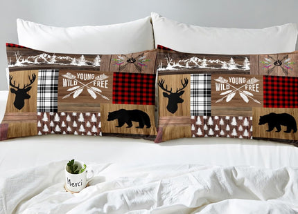 Retro Cabin Bed Sheet Rustic Adventure Bear Deer Fitted Sheet Hunting Wildlife Wild Animal Bedding Sets Plaid Lodge Farmhouse Fitted Bed Sheets Western Country Comforter + 1 Pillow Case, Twin Size