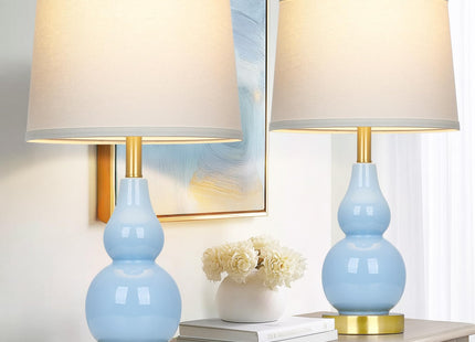 25" Modern Ceramic Table Lamps Set of 2, Blue Double Gourd Ceramic Lamps for Living Room, Coastal Farmhouse Rustic Bedside Nightstand Nautical Lamps for Bedrooms Home Office Dorm(2 LED Bulbs Included)