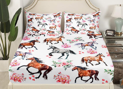 Erosebridal Horse Bed Sheets Set for Girls - Pink Horse Rose Sheet Set Full - Farmhouse Sheets for Cabin Lodge - Western Cowboy Cowgirl Flat Fitted Sheet with 2 Pillowcases Deep Pockets