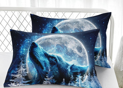 AILONEN Boys Wolf Fitted Sheet Set Full, Blue Starry Moon Bed Sheet for Kids Teen, Ice Howling Forest Printed Wildlife Soft Sheet With 2 Pillowcases, 3Pcs