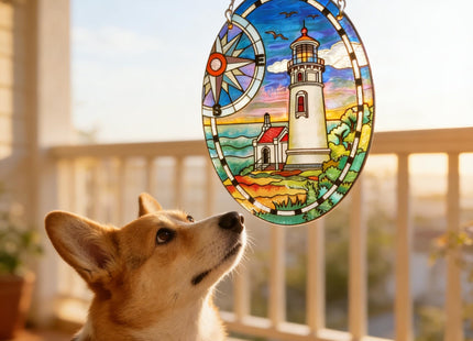 Lighthouse Garden Suncatcher for Window, Elliptic Stained Glass Window Hanging Memorial Gift Stained Glass Birthday Gift for Mom Sun Catchers Window Home Garden Christmas Party Wedding Decor (G)