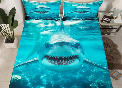 3D Shark Bed Sheets For Kids Boys Teens Marine Life Ocean Shark Sheet Set Sea Underwater Fitted Sheet Aquatic Animal Bedding Set, Nautical Flat Sheet Room Decor 4Pcs Sheets Full Size, Blue White