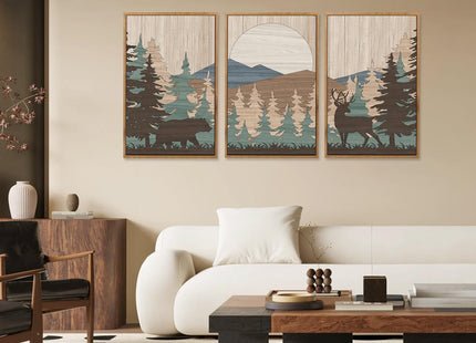 CHDITB 3Pcs Woodland Moose Bear Landscape Framed Canvas Wall Art 24x36 Inch