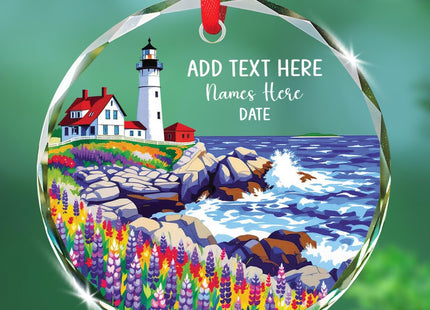 Personalized Text & Name Maine Lighthouse Glass Ornament 2026, Maine Scenic Lighthouse Ornament Gifts for Travel Lover, Custom ME Landscape Glass Ornaments Christmas, Travel Souvenir Xmas Decoration