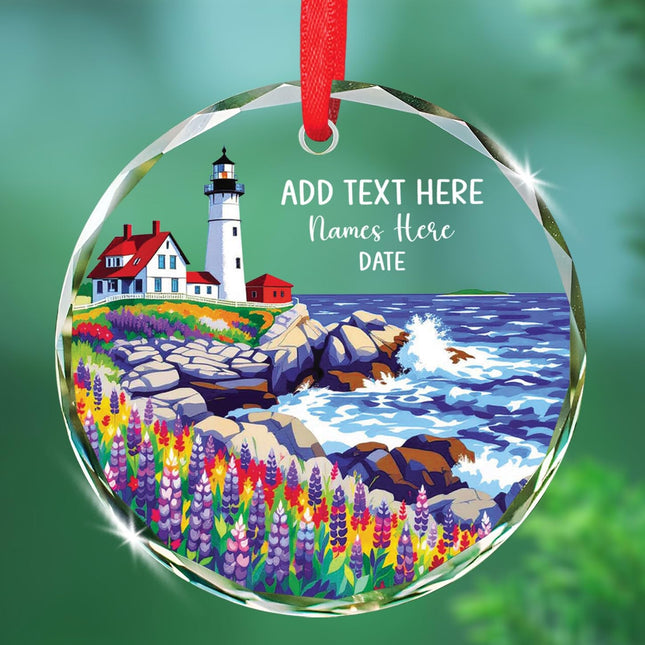 Personalized Text & Name Maine Lighthouse Glass Ornament 2026, Maine Scenic Lighthouse Ornament Gifts for Travel Lover, Custom ME Landscape Glass Ornaments Christmas, Travel Souvenir Xmas Decoration