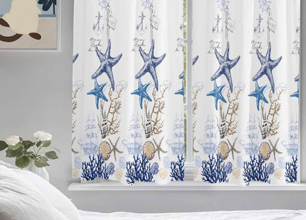 Ocean Beach Starfish Kitchen Curtain 63 Inch Length Drapes for Cafe/Living Room, Blue Coastal Coral Shell Nautical Boat Window Treatment Rod Pocket Bathroom Bedroom Drapery Panels Curtains, 84x63