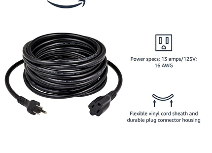 Amazon Basics Indoor Extension Cord, 3 Prong Outlet Extender Power Cord, 13 Amps, 125V, 25 Foot, Black, 2-Pack
