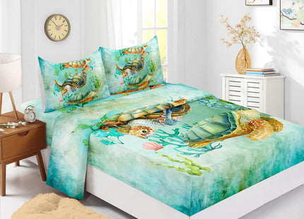 XYNHML Sea Turtle Fitted Sheet Retro Tortoise Bed Sheet Set Reptile Sea Animals Wildlife Bed Cover for Teens Adult Includes 1 Fitted Sheet,1 Flat Sheet,2 Pillowcases