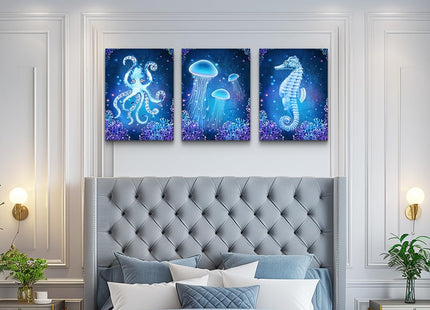 blue Ocean Life Theme Canvas Prints Wall Art Paintings for Living Room Wall Artworks Sea Animal sea horse Octopus jellyfish Pictures Bedroom Decorations 3 Panels Home bathroom Wall decor posters