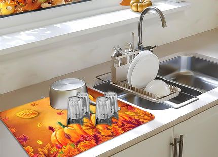 Fall Dish Drying Mat, Harvest Pumpkin Maple Leaf Kitchen Pad 18x24 Inch