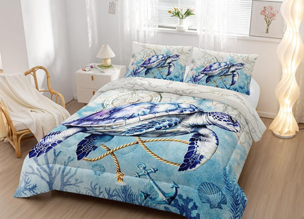 Nttopship Sea Turtle Comforter Bedding Set with 2 Pillowcase Full Size Ocean Comforter Set for Kids Boys Girls Bedroom Decor