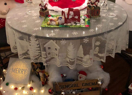 White Snowflakes Reindeer Xmas Embroidered Lace Round Tablecloth, 70 Inch