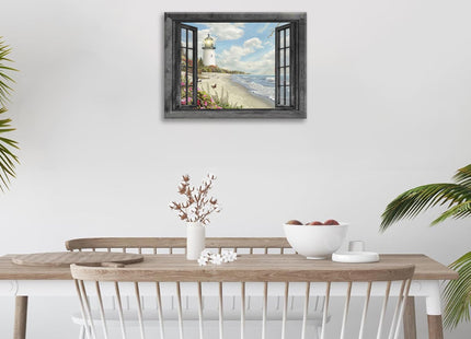 Lighthouse Nautical Wall Art Coastal Beach Pictures Canvas Prints Ocean Decorations Painting Framed Window Seascape Artwork Gifts Office Home Decor for Bathroom Dining Living Room 16"x12"