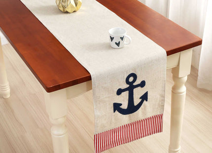 DECOPOW Embroidered Anchor Linen Table Runner ,14 Inches x 72 Inches (Red Stripe)