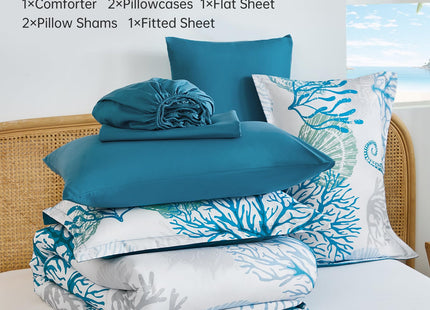 WONGS BEDDING Coastal Comforter Set Queen, Beach Themed Comforter,7 Pieces Ocean Nautical Seaweed & Starfish Bed in a Bag (90"×90")