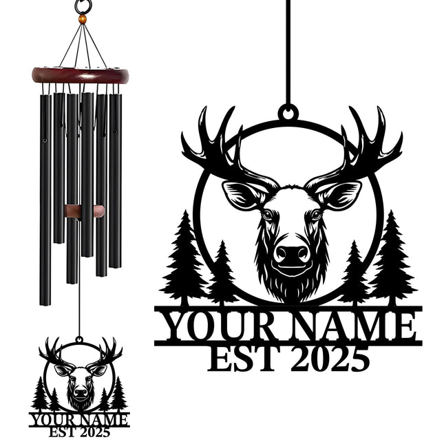 WindWink Personalized Customize Name Moose Wind Chime, Metal Iron 37 Inch Outdoor Memorial Gift for Garden Yard Patio Home Decor, Black (Style D)