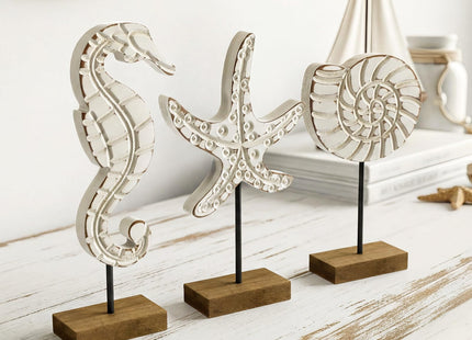 Leinuosen 3 Pcs Wooden Beach Ocean Table Decor White Neutral Coastal Table Centerpiece Rustic Decorative Wood Nautical Figurines Sea Life Starfish Conch Seahorse Statue for Ocean Beach Home Decor