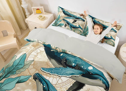 Whale Duvet Cover Queen,Nautical Coastal Comforter Cover,3D Whale Print Decorative Bedding Retro Marine Life Quilt Cover Teal Sea Animal Bedding Sets Ocean Park Theme Bedspreads Cover Kids Boys Girls