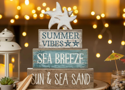 Yuntau 4 Pcs Summer Beach Decorations for Home Beach Tiered Tray Decor Starfish Coastal Rustic Starfish Wooden Block Table Sign Stacked Book Nautical Table Centerpiece for Farmhouse Office Desk Shelf