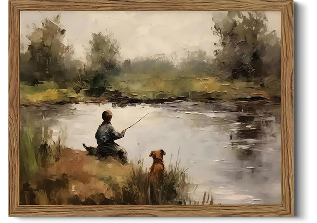 AXILANG Boy Fishing Wall Art with Dog, Rustic Farmhouse Lake Wall Decor, Vintage Country Fishing Canvas Painting, Nostalgic Childhood Artwork for Living Room Bedroom Cabin Lake House, 8x10 Wood Framed