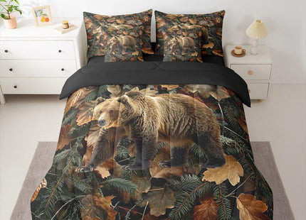 Feelyou Grizzly Bear Comforter Set with Sheets 7 Piece Queen Size Realistic Tree Leaves Hunting Bed in a Bag Kids Boys Girls Western Cabin Bedding Set Farmhouse Room Decor Soft Lightweight Microfiber