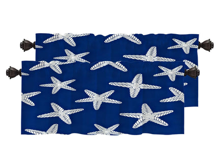 BaoNews Coastal Nautical Blackout Kitchen Curtain, Abstract Seamless Pattern with Starfish On Blue Background Window Treatment Rod Pocket Light Filtering Bathroom Short Valance 2 Pack 52X18 Inches
