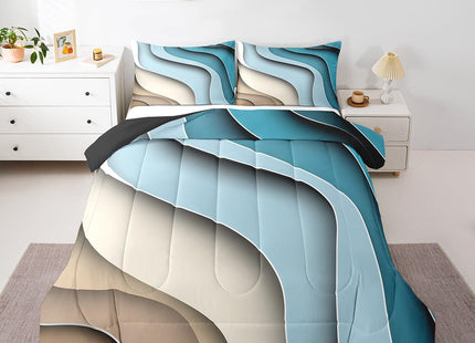 Erosebridal Sea Waves Bedding Set Ocean Coastal Beach Comforter Sets,Abstract Ocean Wave Duvet Geometric Stripes Quilt Set Ultra Soft Cozy Microfiber Down Comforter Full 3Pcs for Kids Teen Adults
