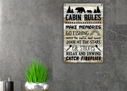 QIONGQI Funny Cabin Rules Metal Tin Sign Wall Art Decor, Farmhouse Wooden Style Cabin Sign for Home Decor Gifts