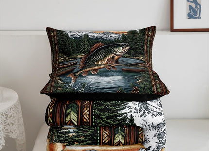 Castle Fairy Fishing and Hunting Comforter Set King Size,Pike Fish Bass Big Fish Down Alternative Adults Bedroom Decor,Lake House Ultra Soft Microfiber Inner Fill 3 Pcs Bedding