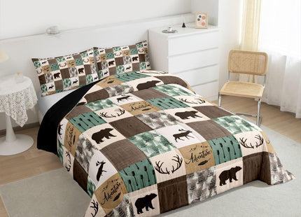 Rustic Patchwork Comforter Set,Bear Moose Bedding Set Queen For Kids Boys