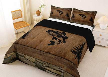 Manfei Pike Fish Comforter Set Toddler Size,Rustic Farmhouse Brown Wooden Bedding Set 2pcs,Fishing and Hunting Down Comforter for All Season,Kids Boys Girls Room Decor,1 Pillowcase,No Sheets