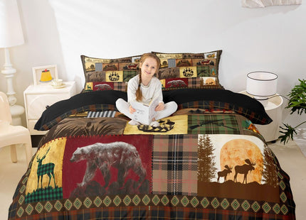 Rustic Cabin Lodge Bedding Set Patchwork Duck Bear Deer Moose Comforter Cover Twin For Adults Men Retro Farmhouse Buffalo Plaid Duvet Cover Hunting Woodland Wildlife Animal Bed Set 1 Pillow Case