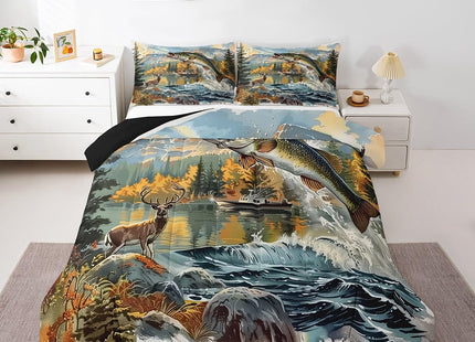 Erosebridal Bass Fishing Full Comforter Set,Hunting Deer Bedding Sets for Kids Boys Girls,Big Pike Fish Quilt Bed Set,Rustic Mountain Lake House Bedroom Decor,2 Pillowcases Lightweight