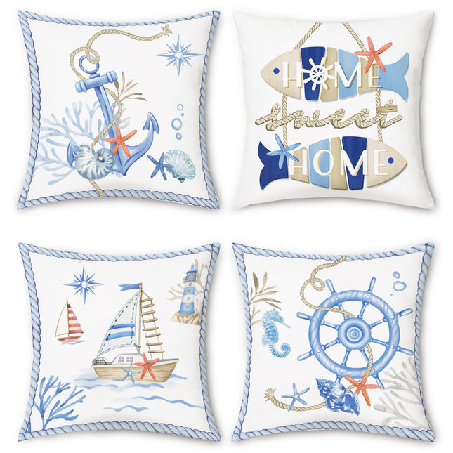 Bonhause Nautical Ocean Throw Pillow Covers 18 x 18 Inch Set of 4 Sailboat Anchor Rudder Farmhouse Decorative Pillows Soft Velvet Cushion Cases for Couch Sofa Bed Home Decor