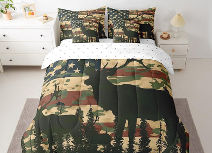 Erosebridal American Flag Camo Deer Full Comforter Set 7 Piece,Rustic Cabin Deer Bed in a Bag Farmhouse Animal Decor for Home,Western Bedding Sets with Fitted Sheet,Flat Sheet,Pillowcases & Shams
