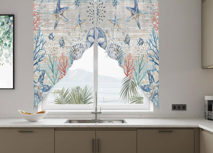 Coastal Starfish Swag Valances for Windows Rod Pocket Kitchen Window Curtains Over Sink, Ocean Sea Beach Coral Blue Kitchen Curtains Sets, Swag Curtains Valance for Living Room, 28"x36" Set of 2