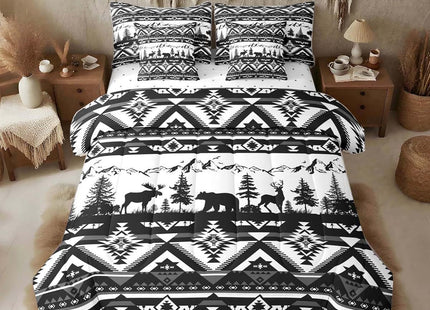 Feelyou Western Comforter Set Twin Size 7 Pieces Southwestern Aztec Bedding Set for Kids Boys Bear Bed in a Bag with Comforter, Sheets, Pillowcases, Cushion Covers Deer MooseWild Animals GreyQuilted