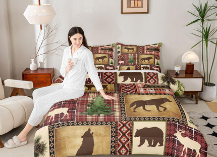 Erosebridal Rustic Southwestern Bedding Sets Twin Buffalo Plaid Aztec Comforter Set Woodland Bear Deer Moose Wolf Comforter for Adults Men Boys Retro Western Farmhouse Hunting Quilt Duvet 2 Pcs